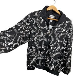Janeve silk Black and White Bomber Jacket with Retro Pattern